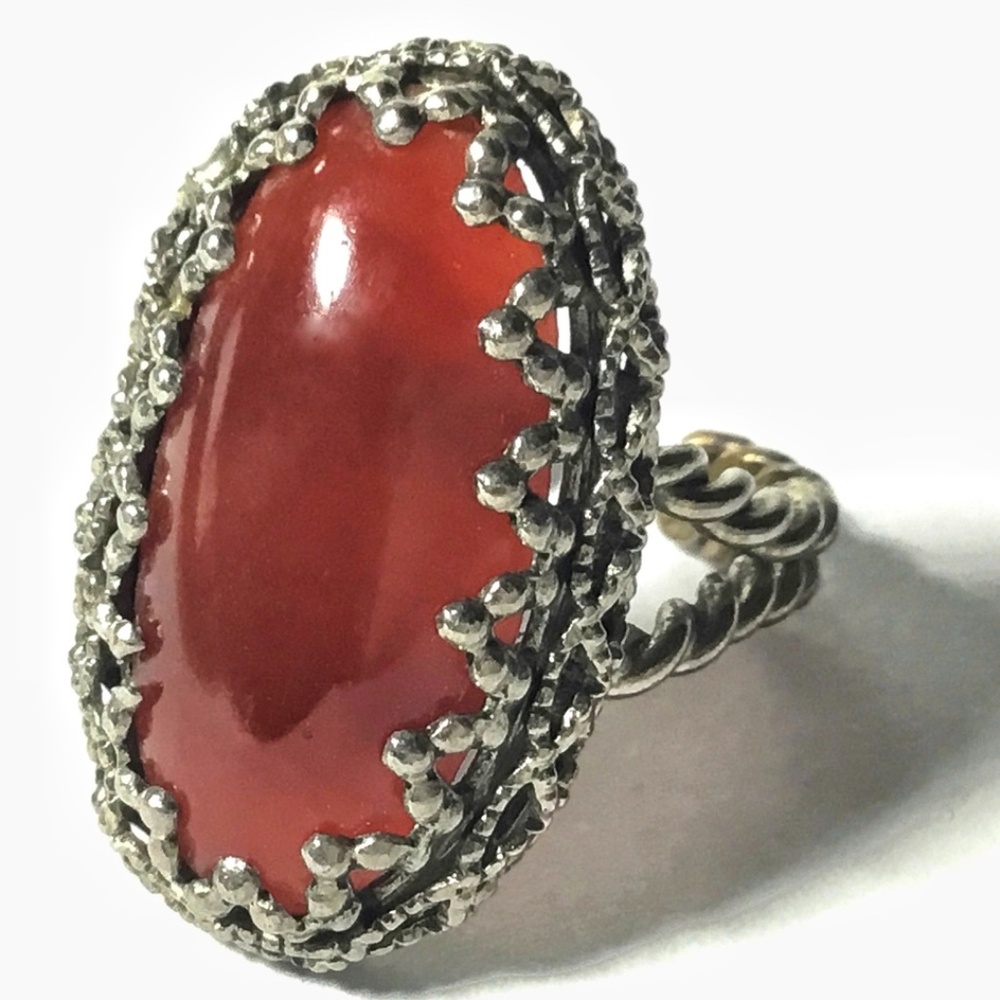 Vintage Silverplated Large Carnelian Glass Ring, Size 6